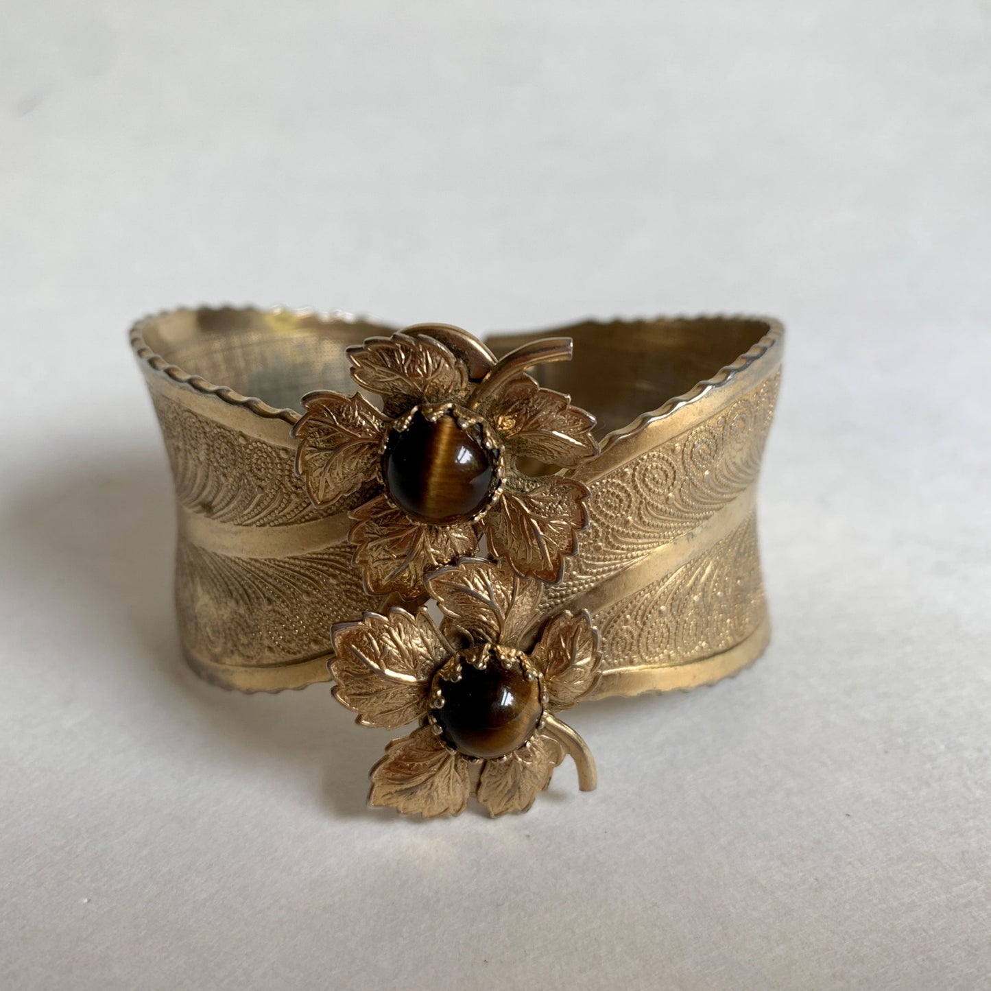Vintage Tigerstone Gold Toned Clamp Cuff Bracelet Leaf Floral