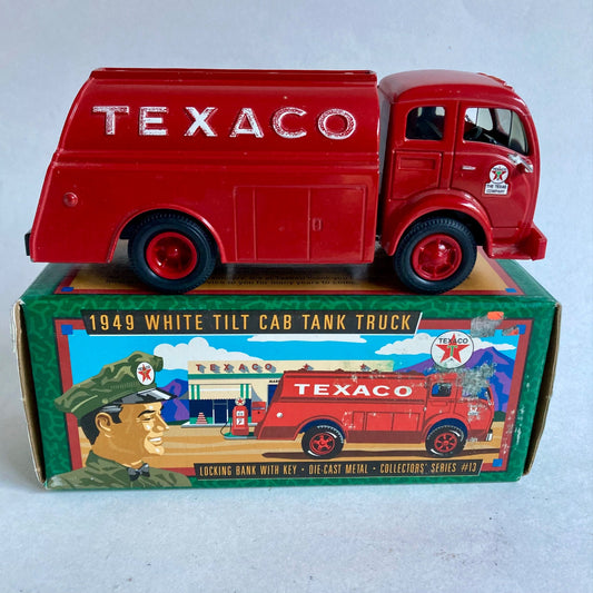 Vintage Ertl Texaco 1949 White Tilt Cab Tank Truck Coin Bank w/ KEY!