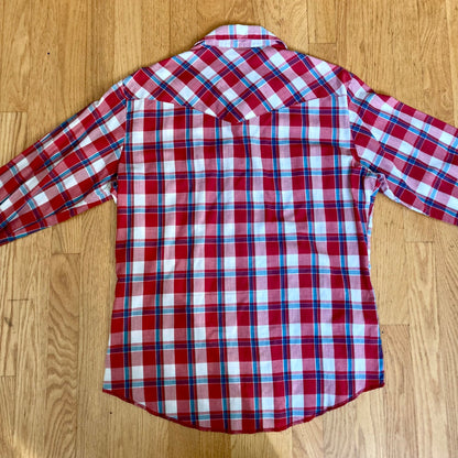 Vintage Wrangler Long-Sleeve Western Shirt Pearl Snap Men's Red Plaid YEE-HAW!