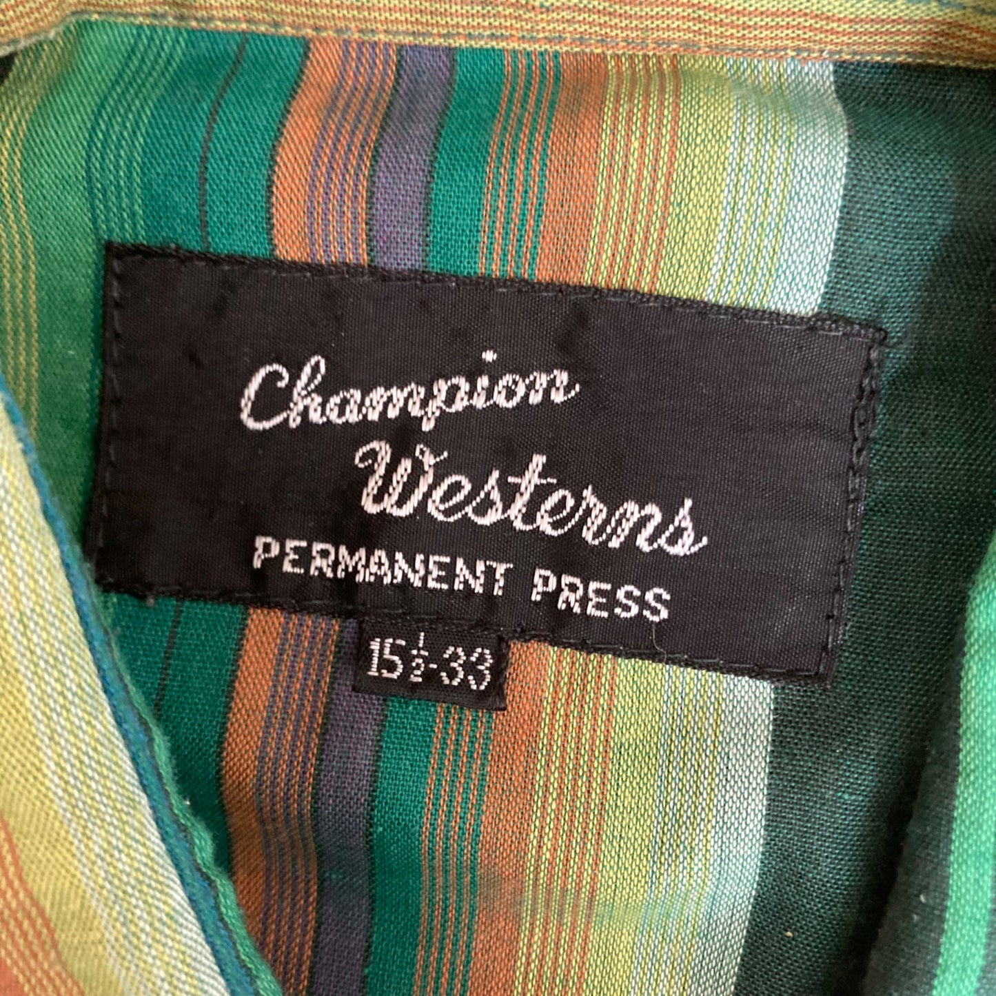 Vintage Champion Westerns Long-Sleeve Shirt Green Striped Pearl Snap Men Size 33