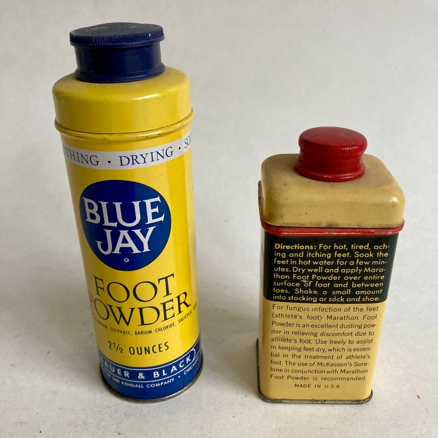 Vintage Foot Powder Tins- Marathon Fungistatic & Blue Jay Bottles
