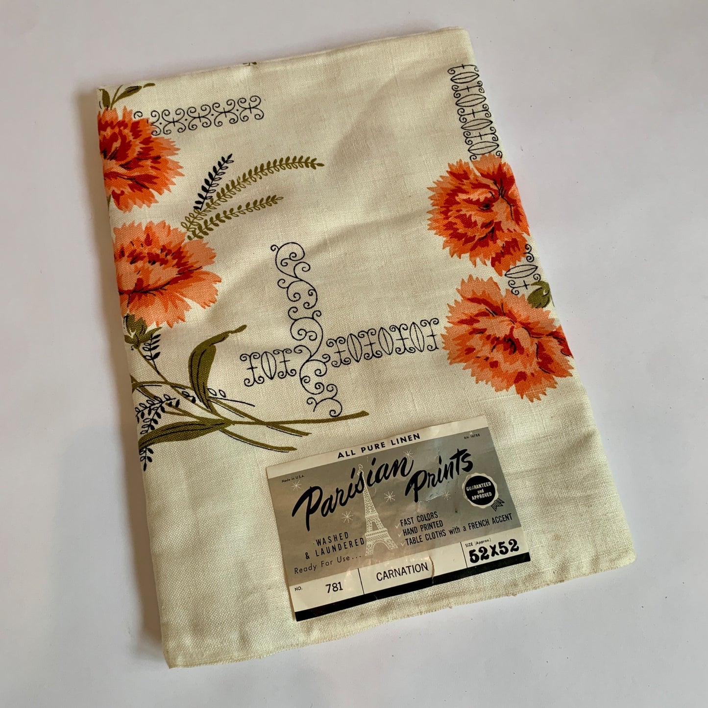 Parisian Prints Linen Carnation Tablecloth NEW VINTAGE 52 x 52"