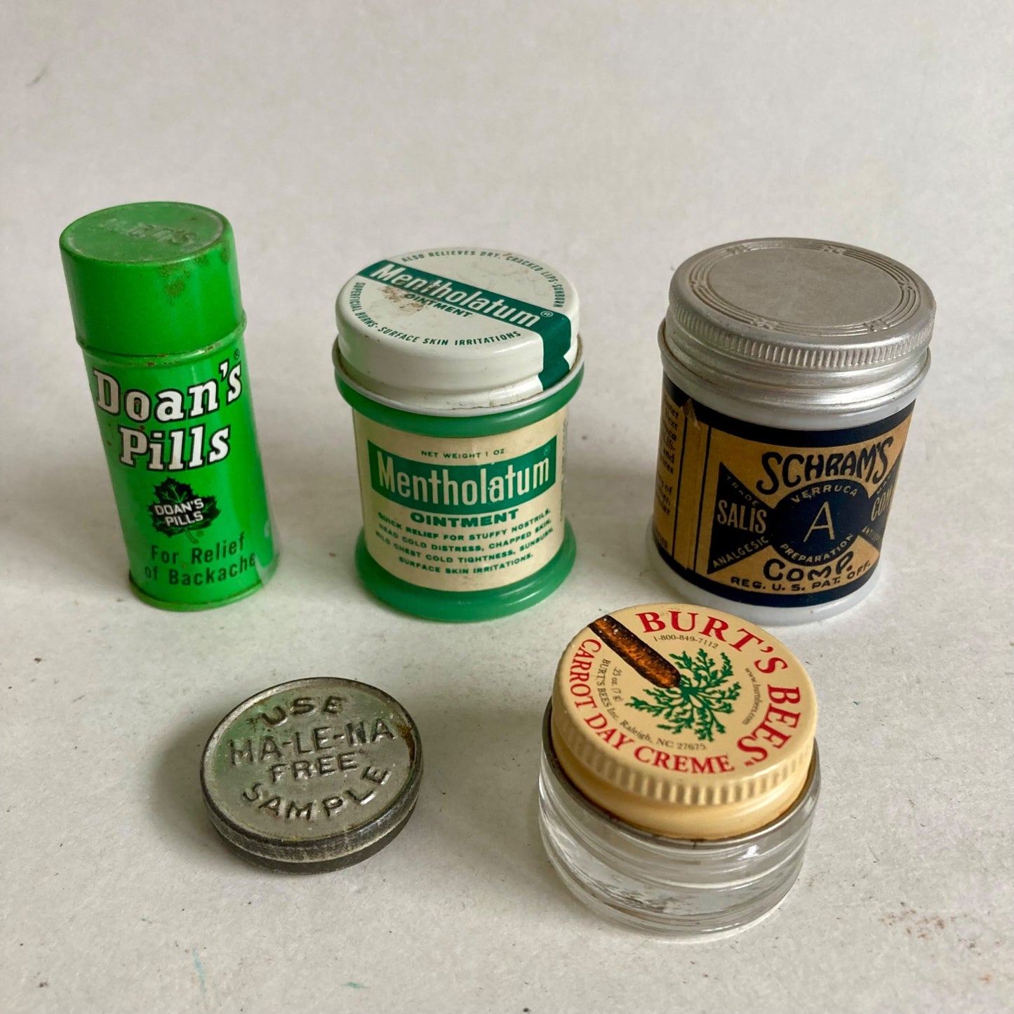 Lot 5 Vintage Medicine Jars Tins Schram's Burt's Bees Mentholatum Ointment Doans
