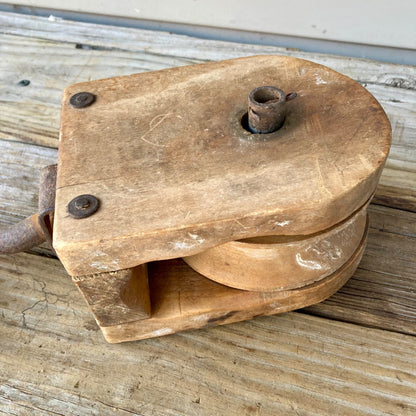 Vintage Wood Single Pulley w/ Hook Block & Tackle Steampunk Farm Tool