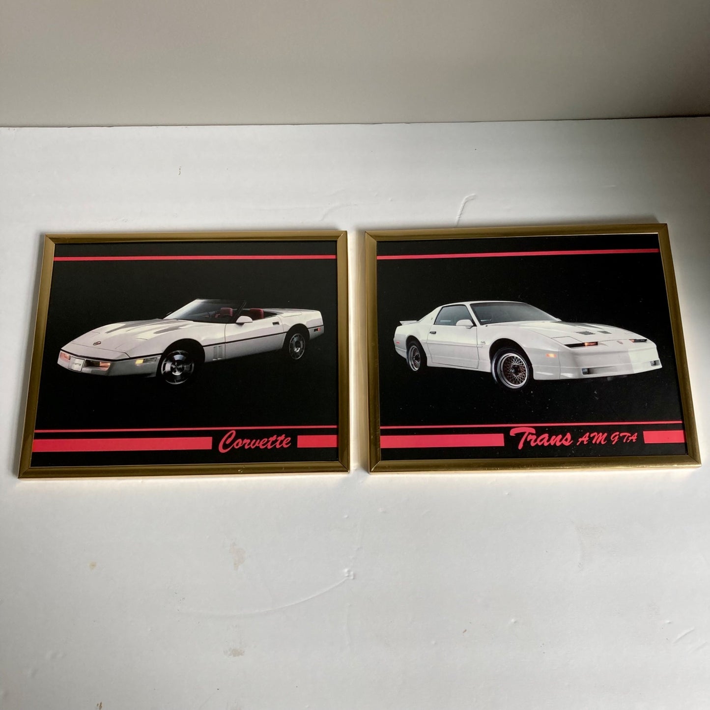 Vintage Set 3 Framed Sports Car Prints Lamborghini Countach Corvette Trans Am
