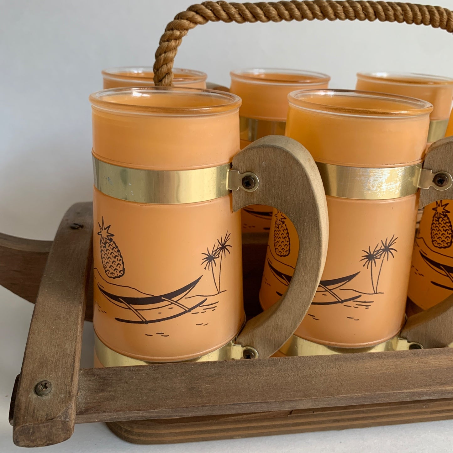 Siesta Ware Vintage Peach Glasses Set of 6 With Canoe Outrigger Carrier Wooden Tiki