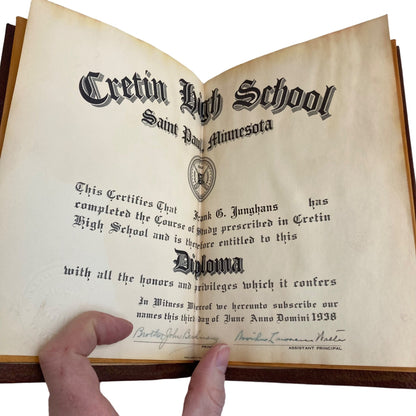 Vintage 1938 Cretin High School Diploma w/ Leather Cover St Paul, MN Minnesota