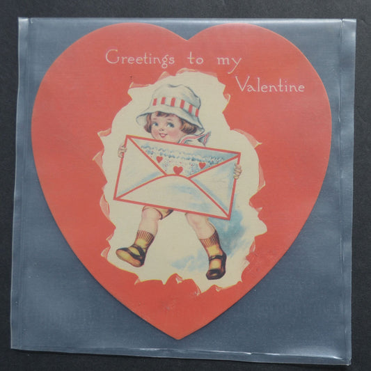 Vintage "Greetings To My Valentine" Heart-Shaped Card With Child Illustration In Plastic Sleeve