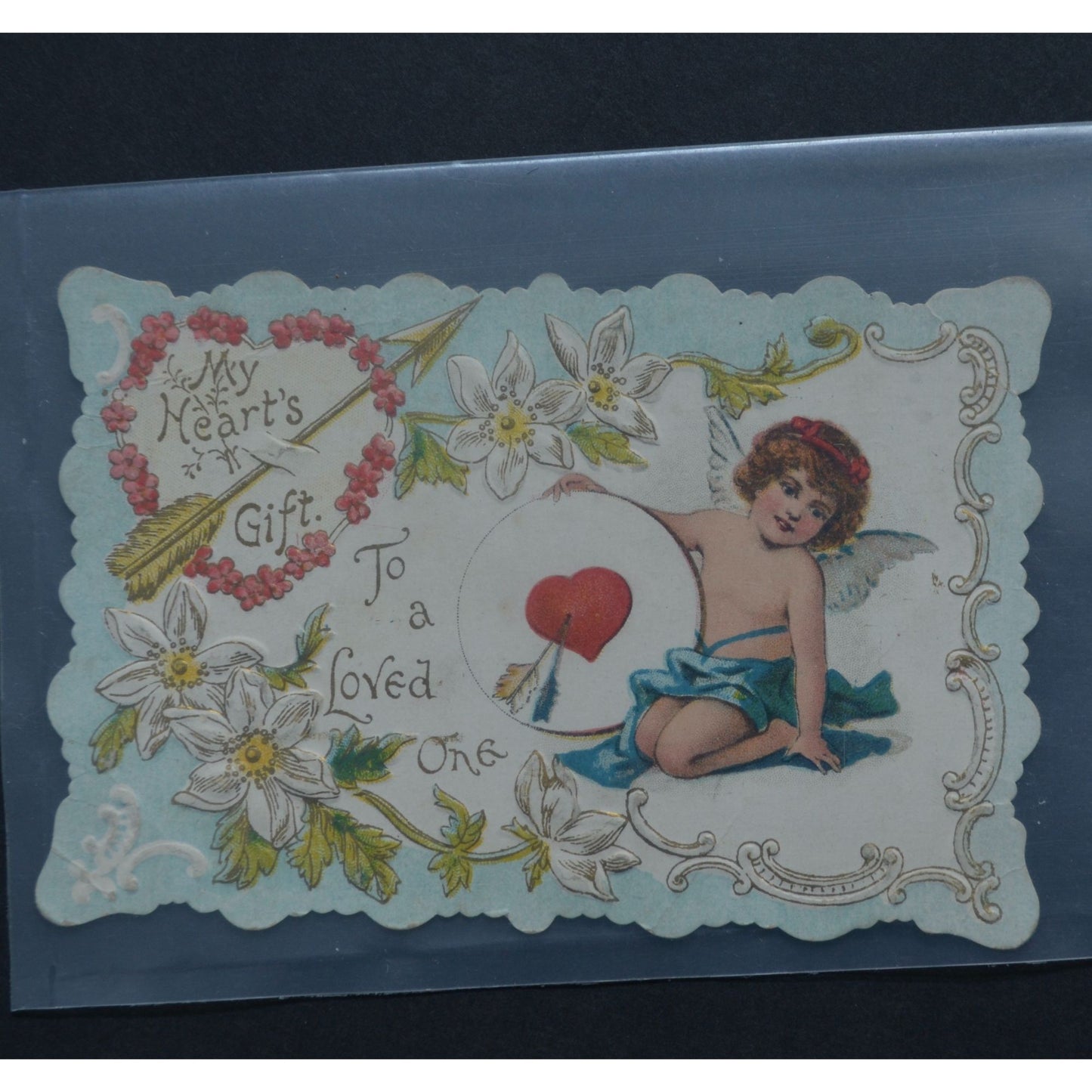 1910 Antique Embossed Die Cut Valentine Card Cupid My Heart's Gift