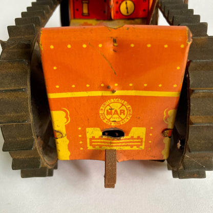 Vintage Marx Tin Litho Bulldozer Wind-up Toy Orange Tested & WORKS!