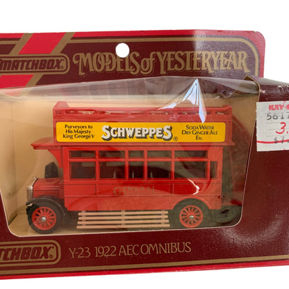 Matchbox Y-23 1922 AEC Omnibus Schweppes Double Decker Bus Toy Vintage New