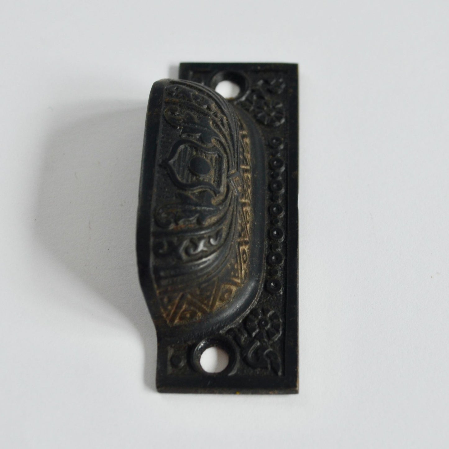 Antique Victorian Ornate Cast Iron Bin Pull Apothecary Cupboard Drawer 2-7/8"