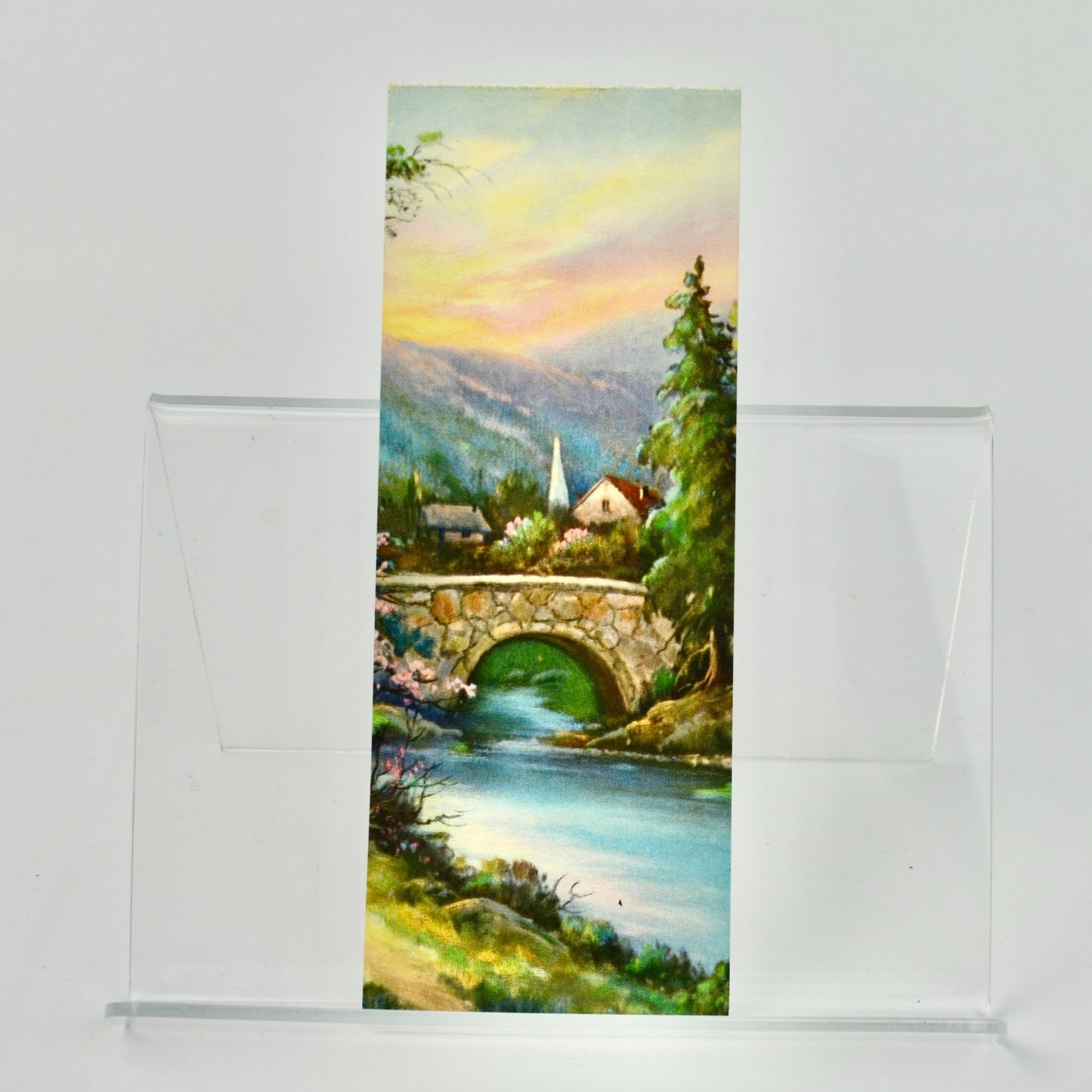 Vintage Landscape Print Bridge Church House Trees