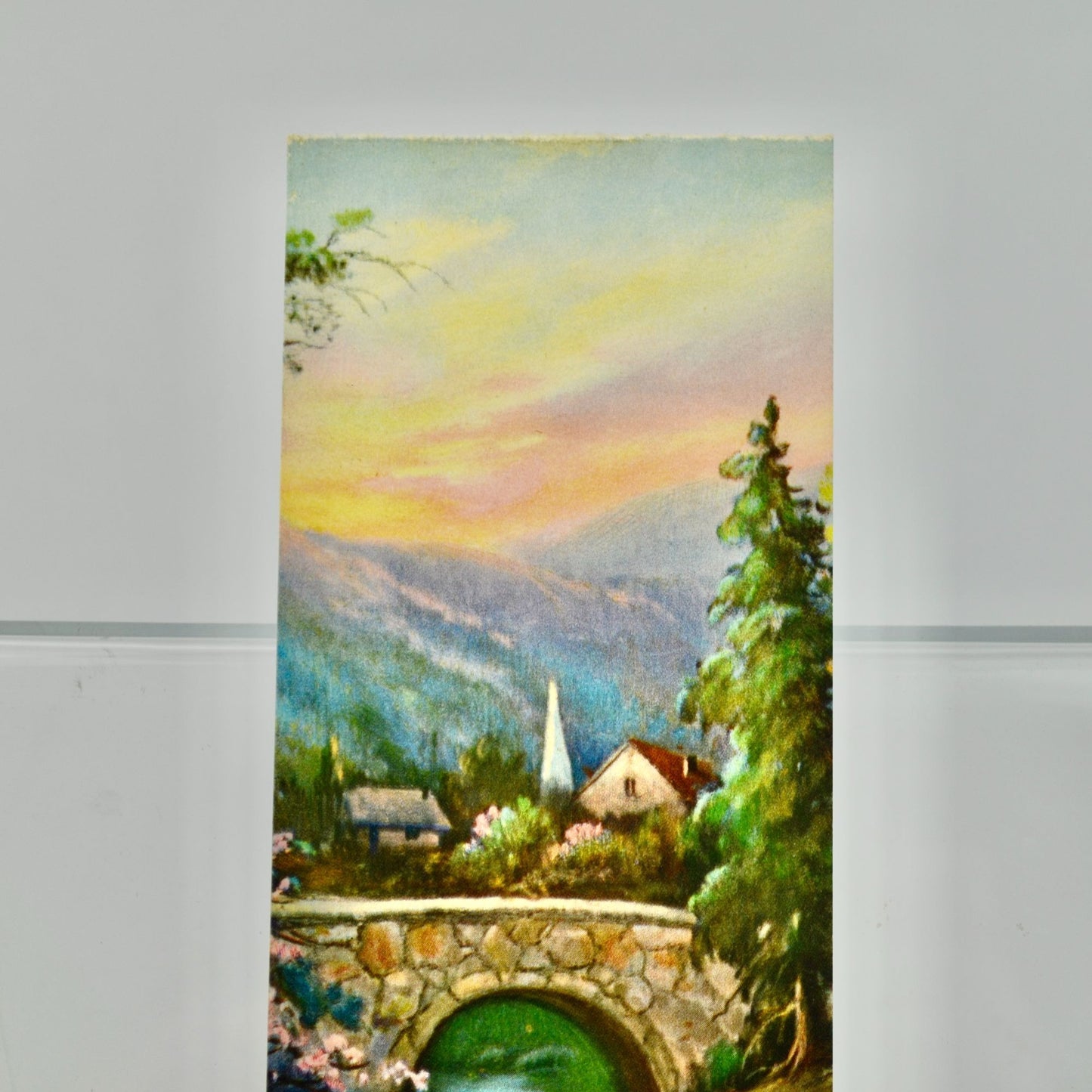 Vintage Landscape Print Bridge Church House Trees