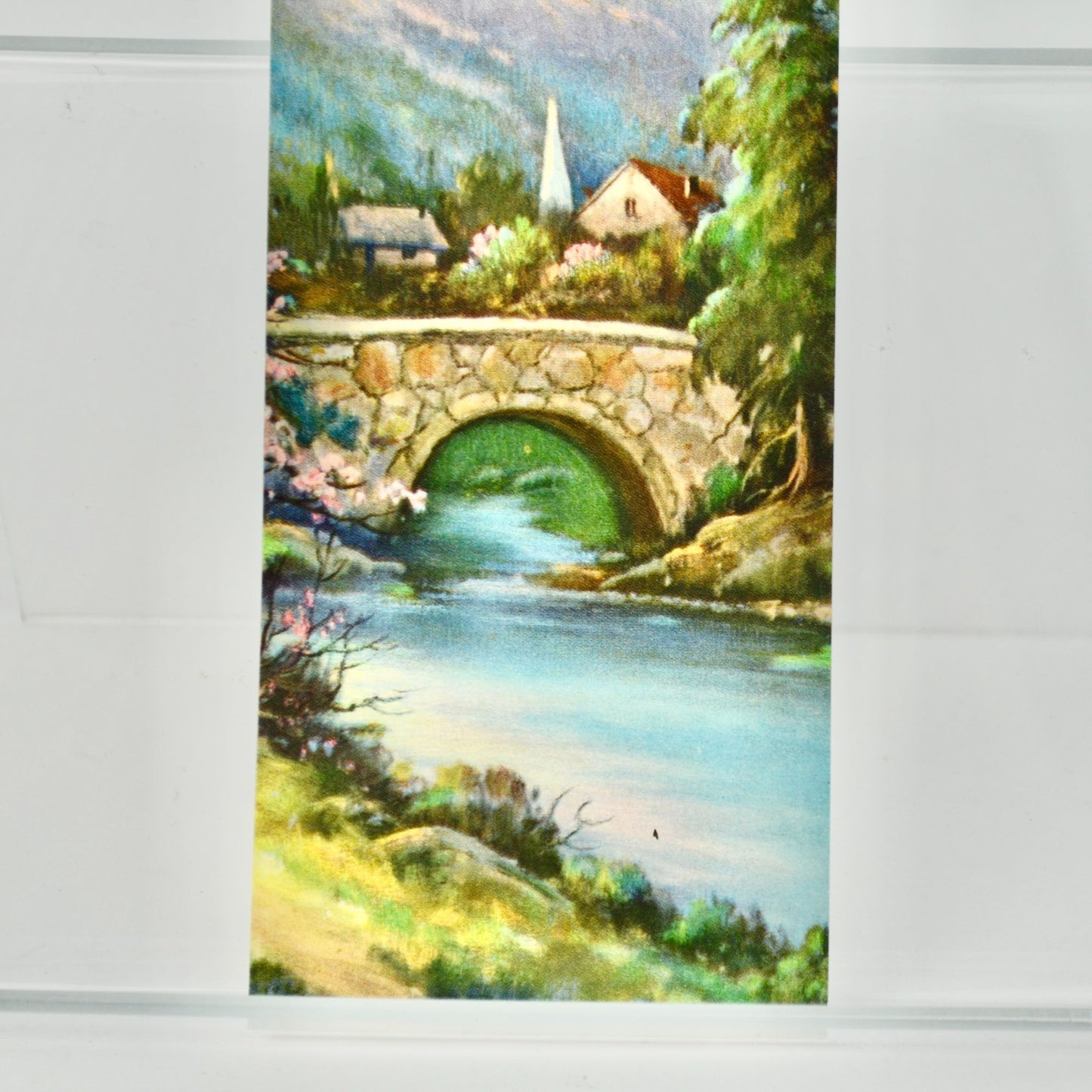 Vintage Landscape Print Bridge Church House Trees