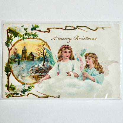 1908 Antique Germany A Merry Christmas Postcard Angels Cherubs Church