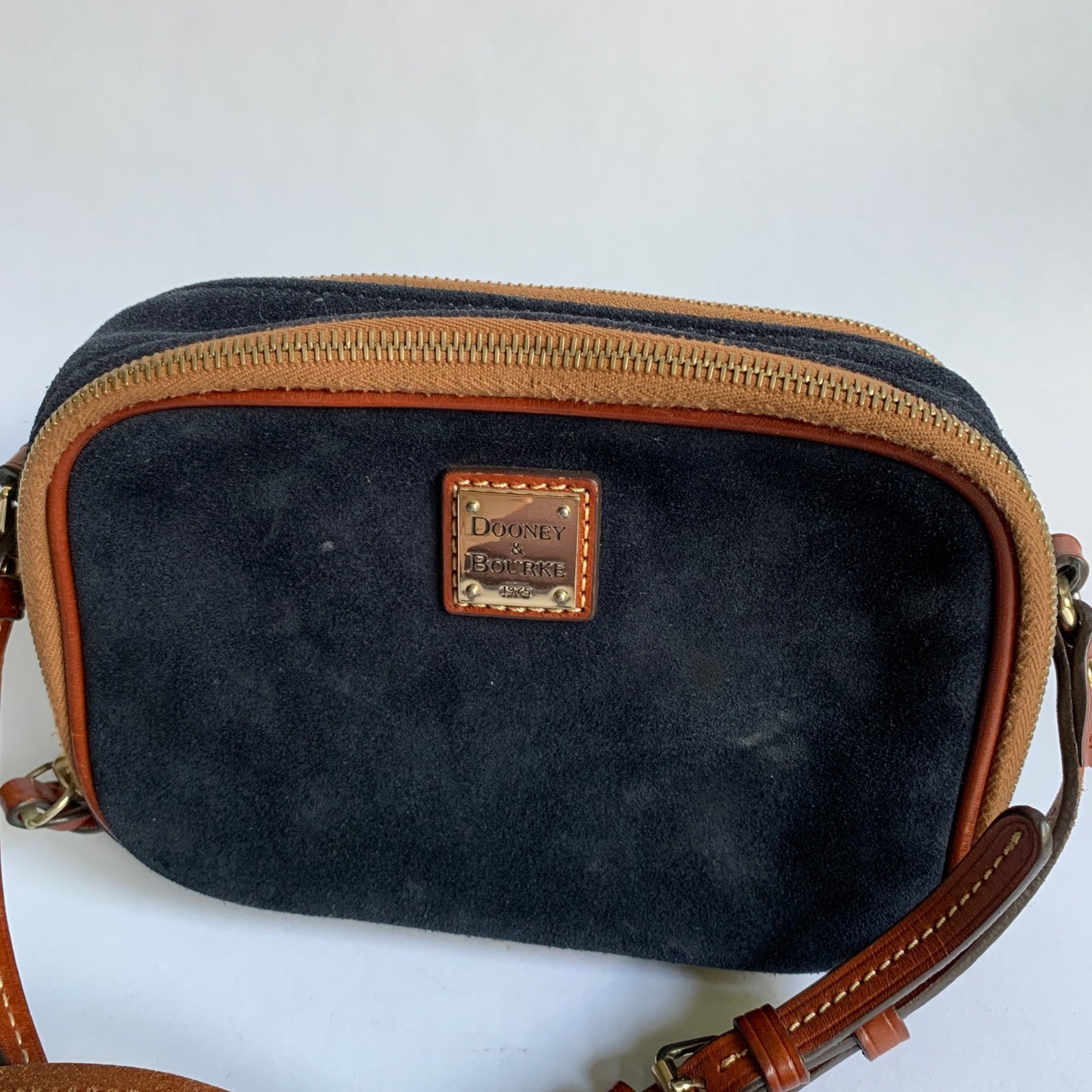 Dooney & Bourke Sawyer Navy Suede Double Zip Crossbody Bag Leather