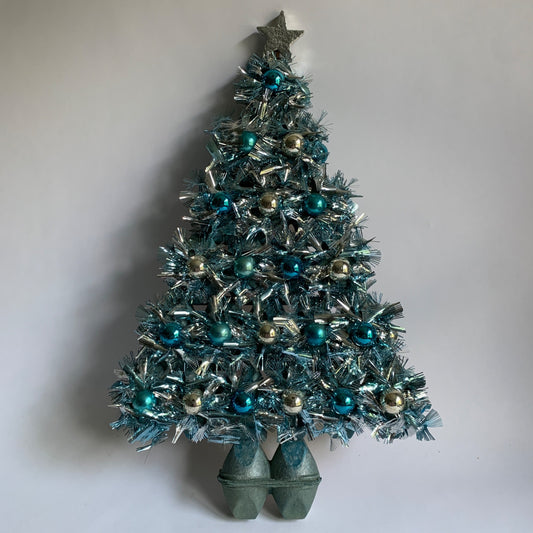 Vintage Christmas Tree Tinsel Egg Carton Tabletop Decor Blue Teal