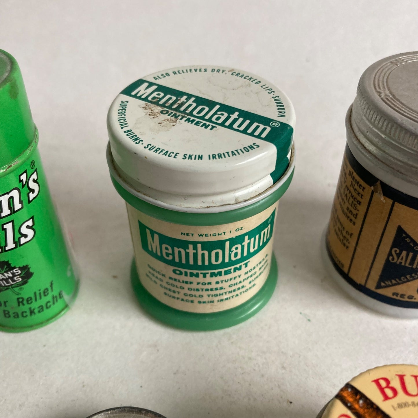 Lot 5 Vintage Medicine Jars Tins Schram's Burt's Bees Mentholatum Ointment Doans