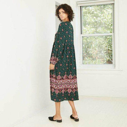 Knox Rose Green Printed Long Sleeve Dress New