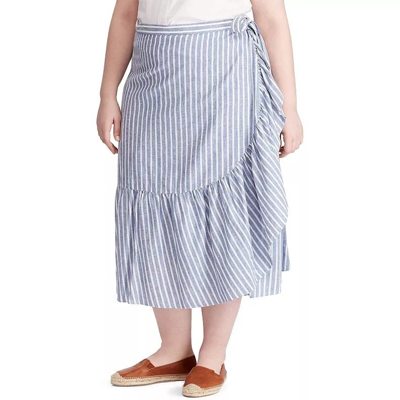 Chaps Ruffled Midi Skirt Blue White Stripe Plus Size New