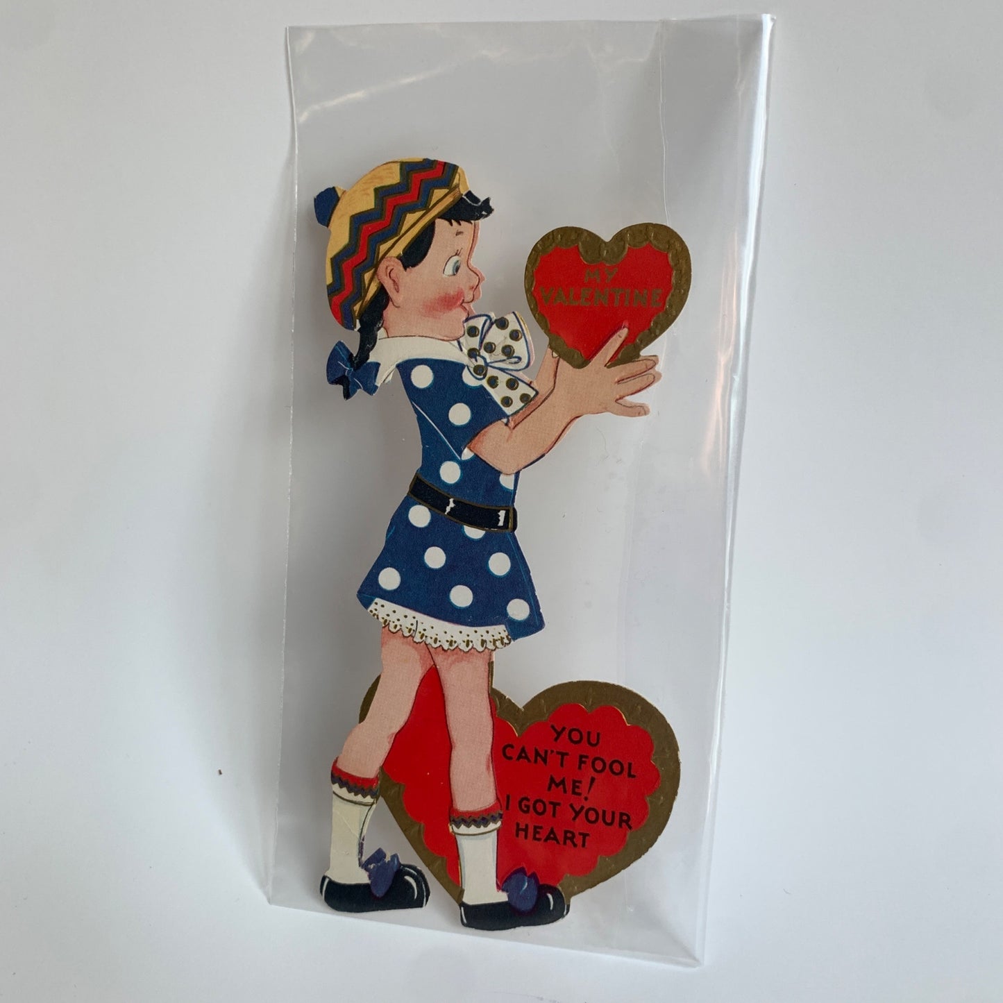 VINTAGE Valentine's Card Girl With Heart You Can't Fool Me! I Got Your Heart