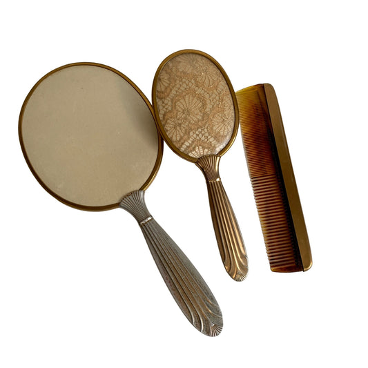 Vintage Gold Toned Lace Detail Dresser Mirror Brush and Comb Set