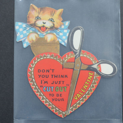 Vintage Valentine Card Cat Scissors Heart Cut Out to be Your