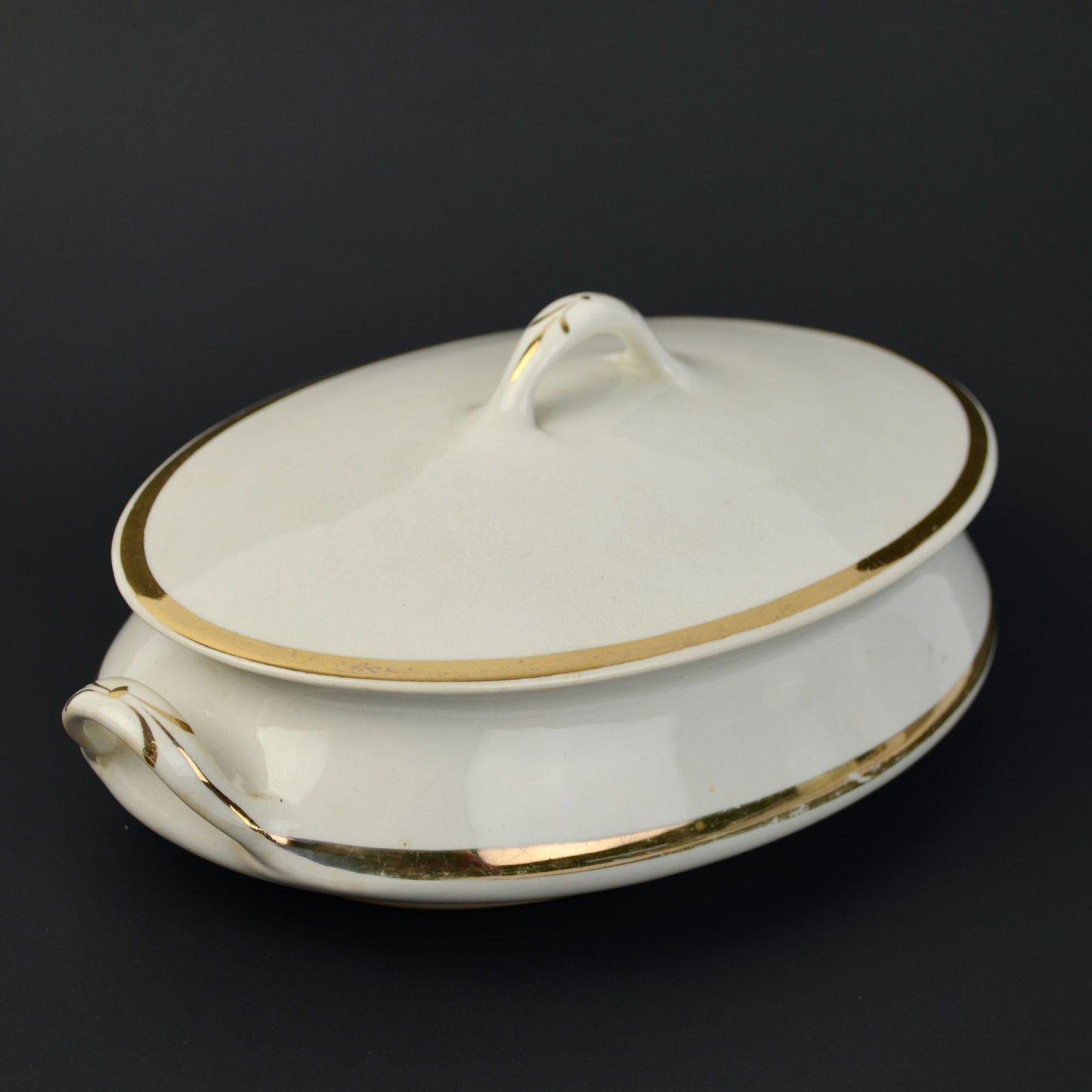 Homer Laughlin Empress Oval Gold Trim White Cream Lidded Serving Dish