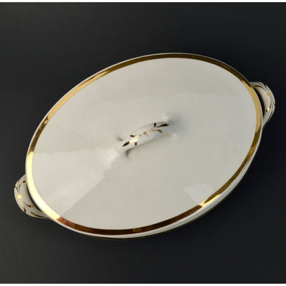Homer Laughlin Empress Oval Gold Trim White Cream Lidded Serving Dish