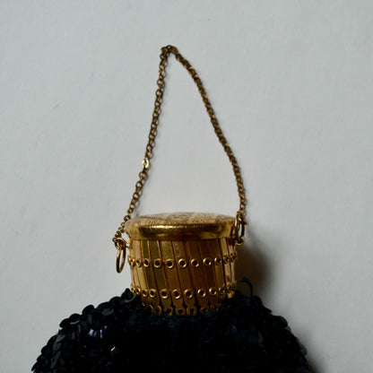 Art Deco Black Sequin Beggar's Bag Purse Accordion Gate Closure Chain Strap