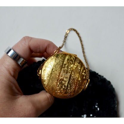 Art Deco Black Sequin Beggar's Bag Purse Accordion Gate Closure Chain Strap