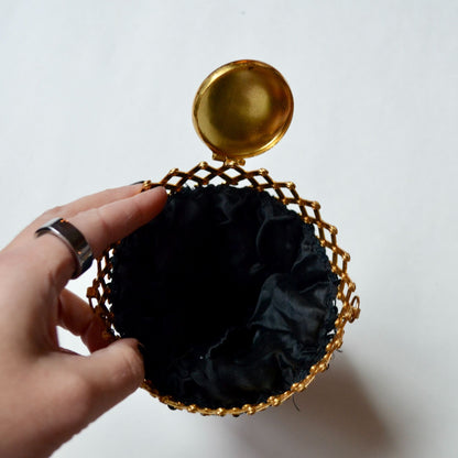 Art Deco Black Sequin Beggar's Bag Purse Accordion Gate Closure Chain Strap