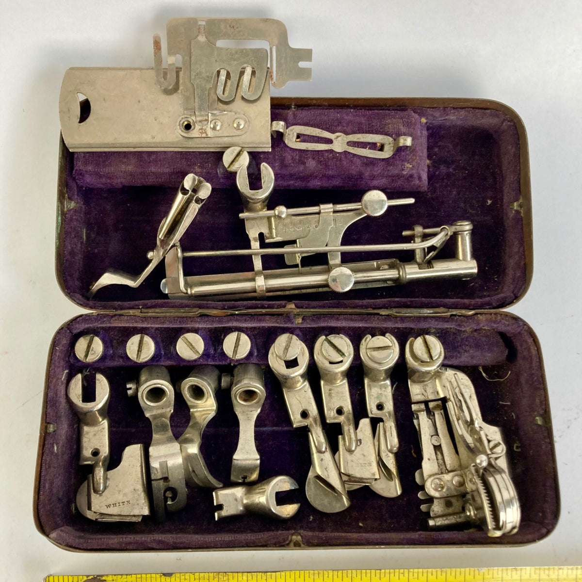 Antique White Sewing Machine Attachment Box Vintage Set