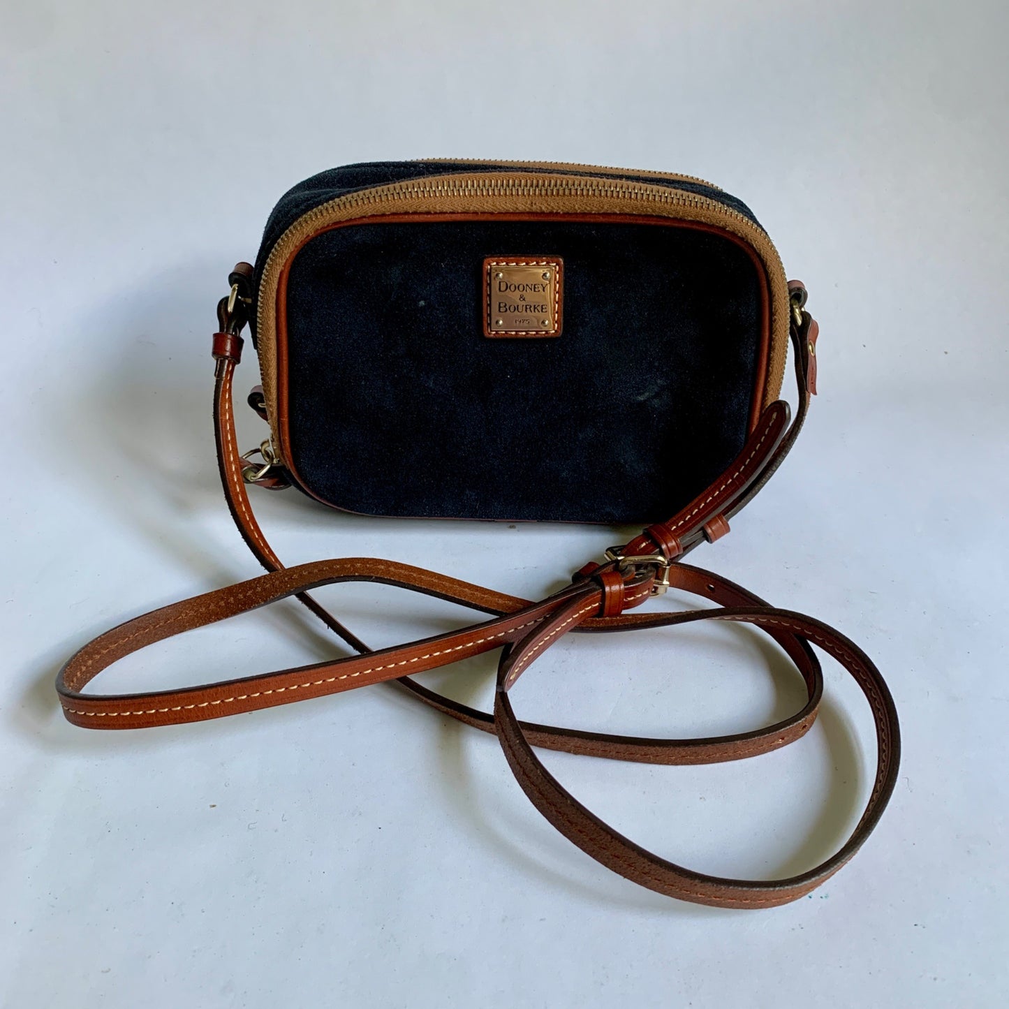 Dooney & Bourke Sawyer Navy Suede Double Zip Crossbody Bag Leather