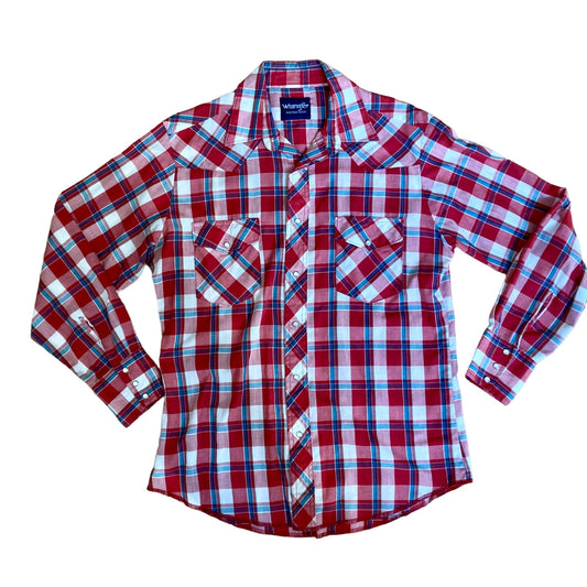 Vintage Wrangler Long-Sleeve Western Shirt Pearl Snap Men's Red Plaid YEE-HAW!