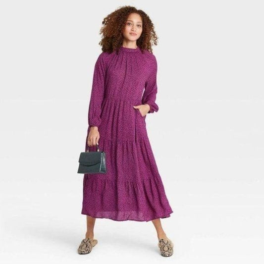 A New Day Long Sleeve Tiered Dress Purple Small