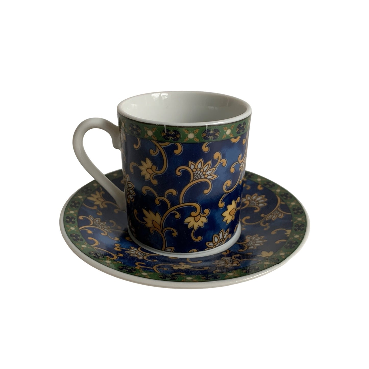 Hues N Brews Espresso Cup & Saucer Set Dark Blue Yellow Floral