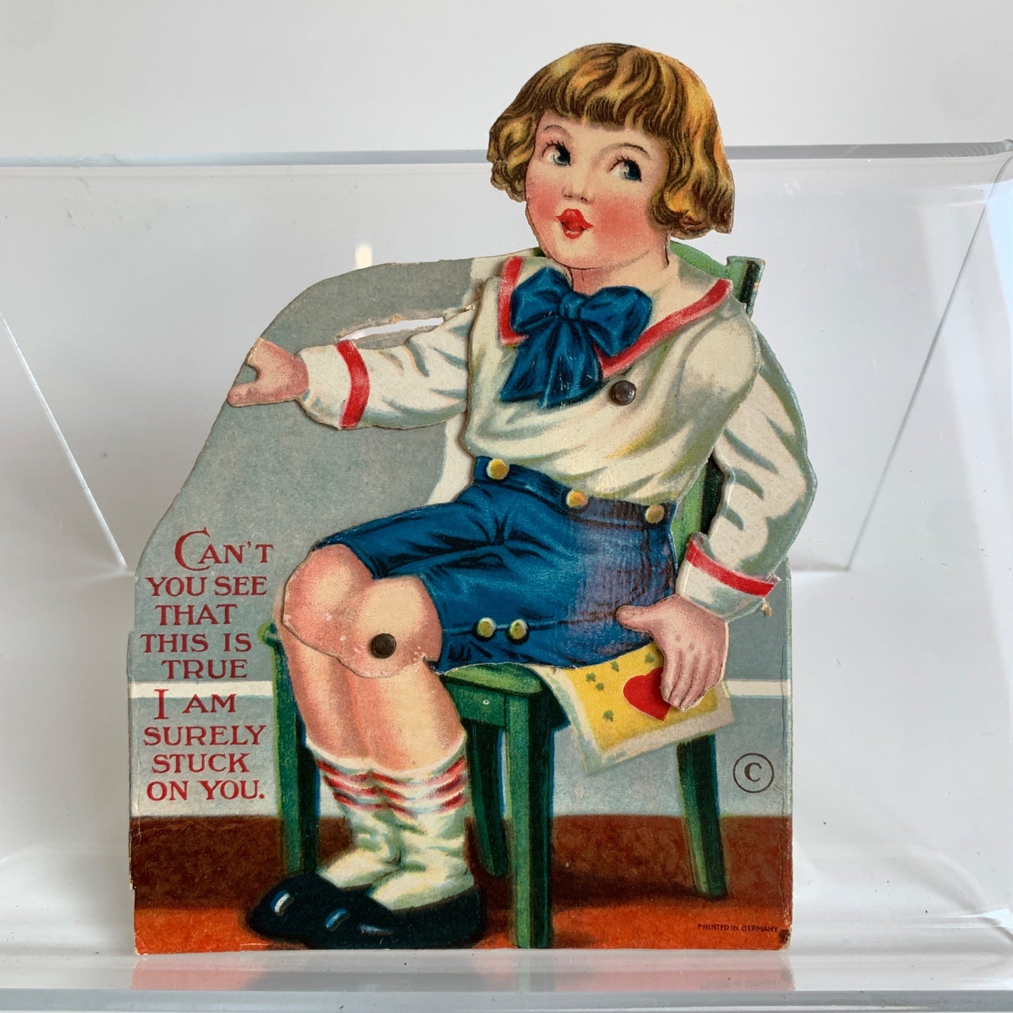 Vintage Valentine's Day Card Articulating Boy on Chair