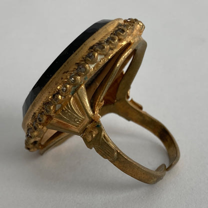 Vintage Gold Onyx Adjustable CZ Stone Ring Estate Find