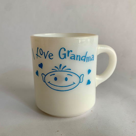 Vintage I Love Grandma Milk Glass Mug White Blue