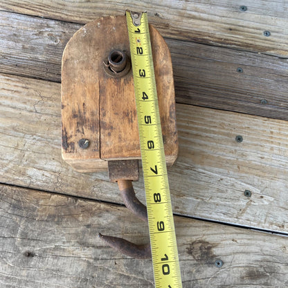 Vintage Wood Single Pulley w/ Hook Block & Tackle Steampunk Farm Tool