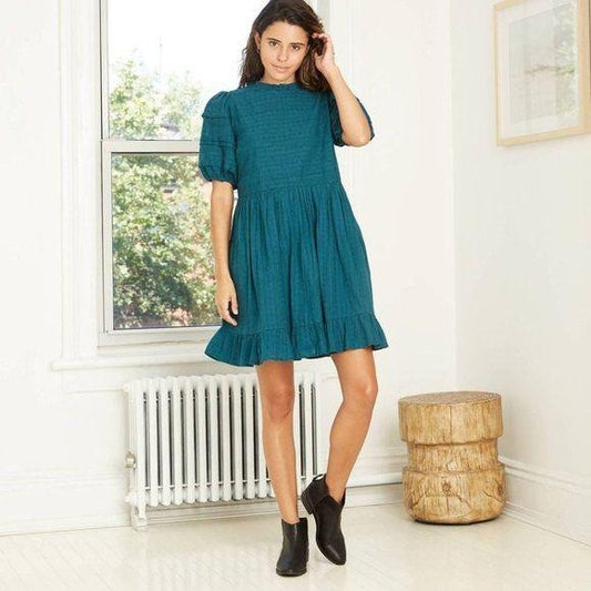 Universal Thread Puff Sleeve Eyelet Dress New Teal Cotton