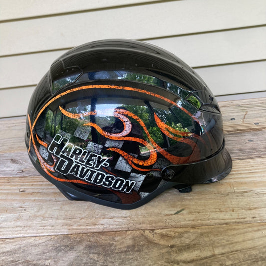Harley Davidson Half Helmet w/ Retractable Face Shield Visor Tinted Flames M