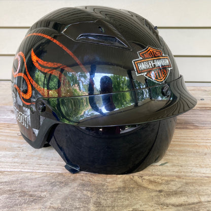 Harley Davidson Half Helmet w/ Retractable Face Shield Visor Tinted Flames M