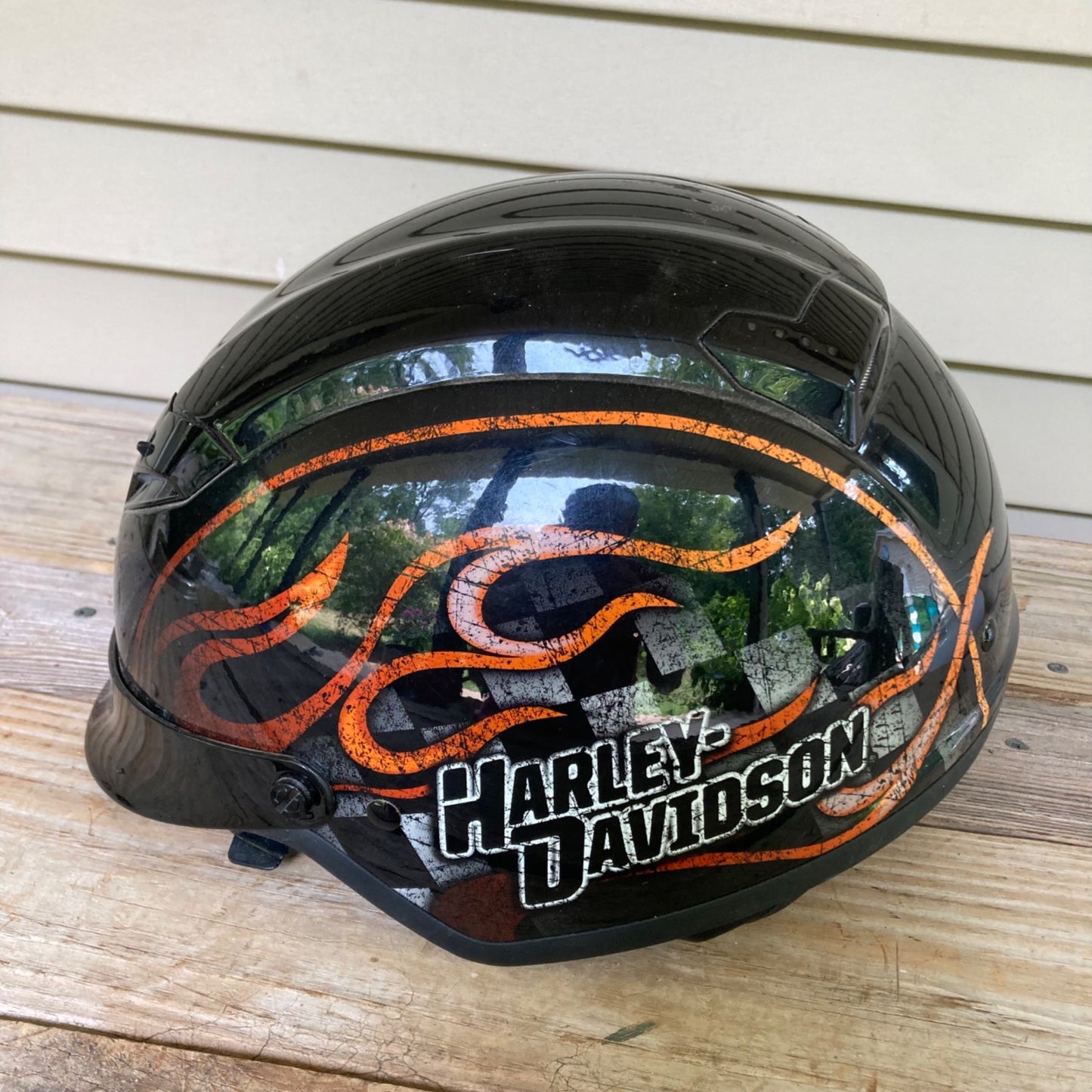Harley Davidson Half Helmet w/ Retractable Face Shield Visor Tinted Flames M