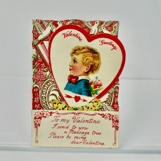 Antique To My Valentine Card Fold Out 1921 Boy with Flowers