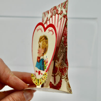 Antique To My Valentine Card Fold Out 1921 Boy with Flowers