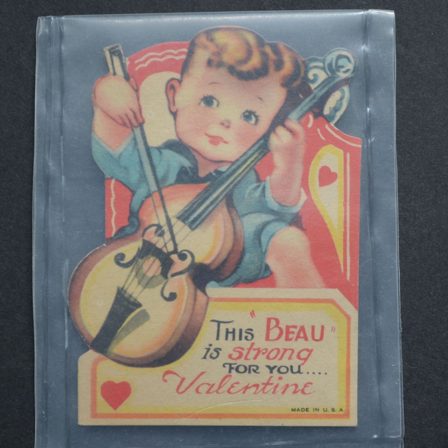 Vintage Valentine Card Boy Violin This Beau is Strong For You