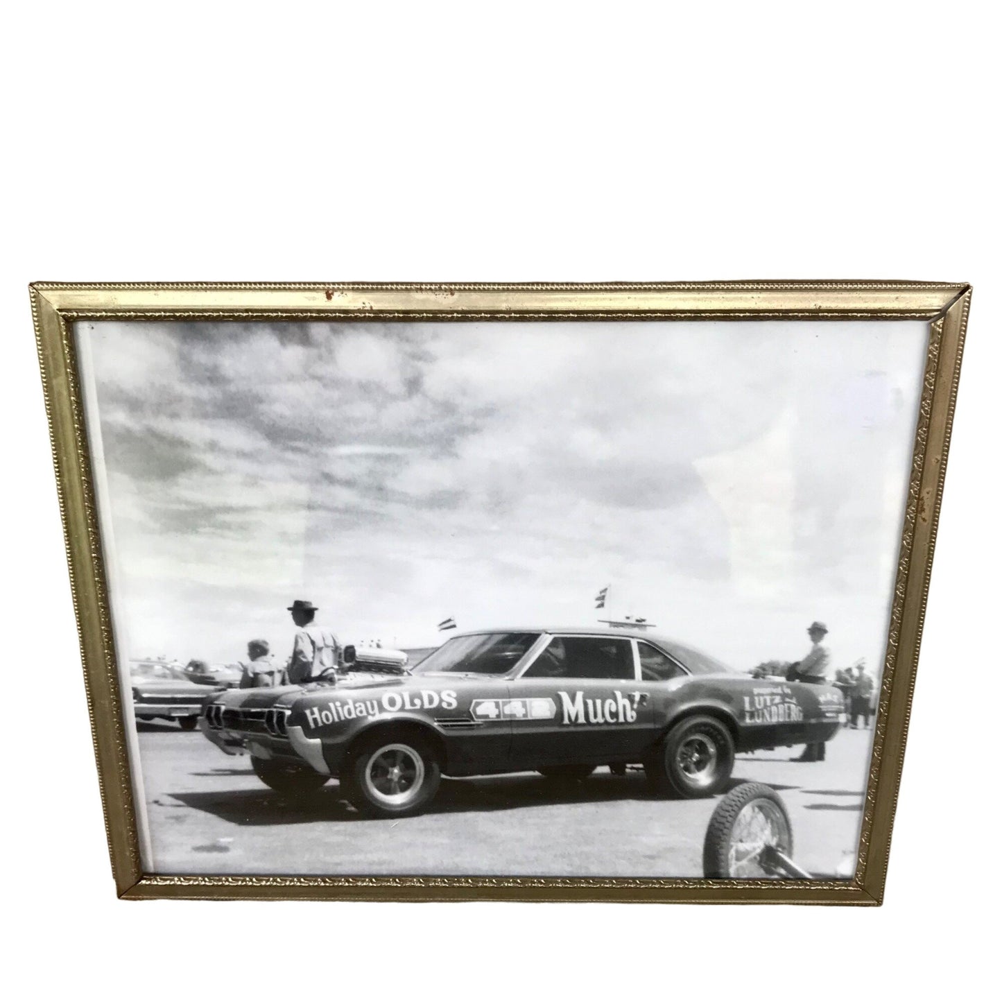 Vintage Oldsmobile 442 Muscle Car Black & White Photo Framed Dragster Race Track